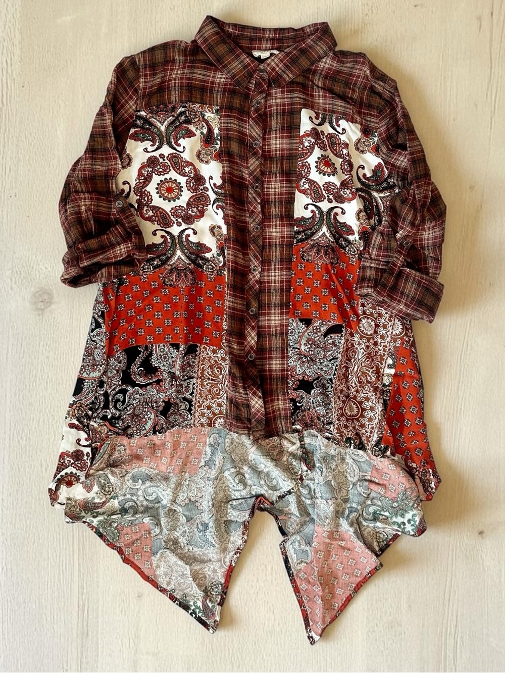 Oddi Bohemian Patchwork-Print and Plaid Button-Down Shirt in Rust Multi Size M
